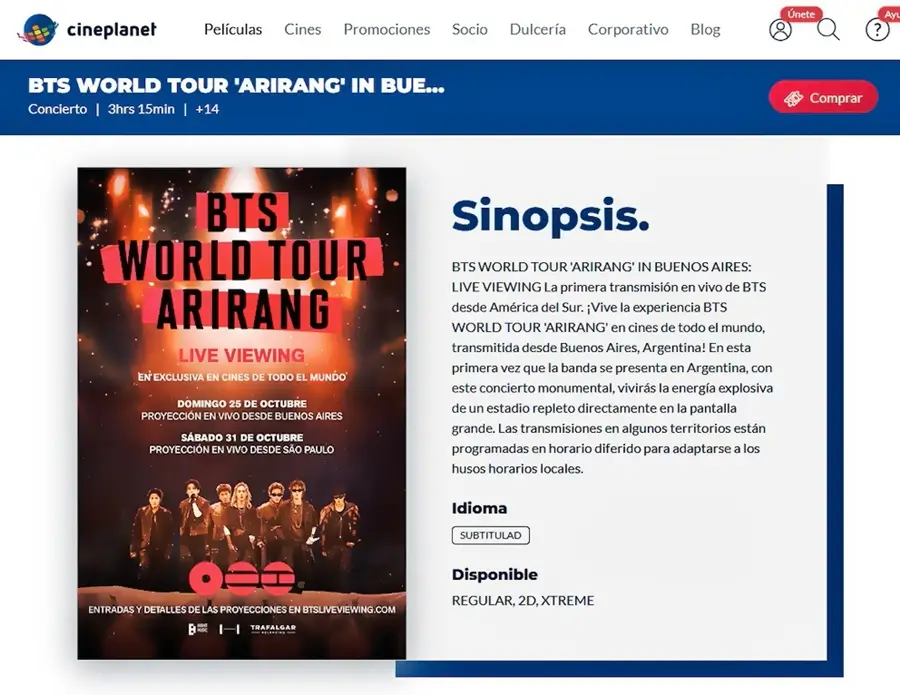 Sitio web de Cineplanet Perú anunciando la venta de entradas para la transmisión en vivo de BTS World Tour Arirang.