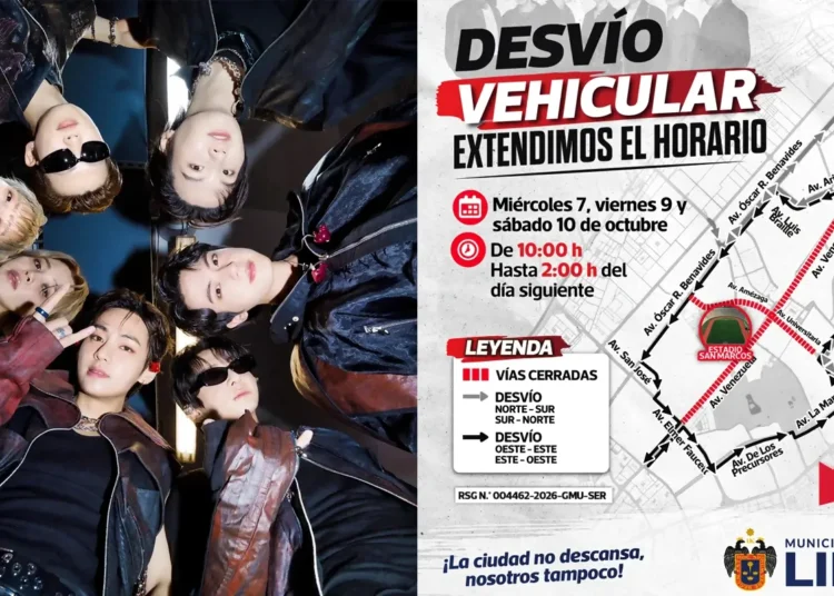 Mapa oficial de desvíos vehiculares y calles cerradas en San Marcos por los conciertos de BTS en Lima.