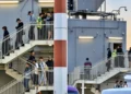 Integrantes del grupo surcoreano BTS bajando por las escaleras en el aeropuerto a su llegada a Lima.