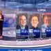 Conductores en set de televisión presentando el flash electoral con los porcentajes de votación en Lima.