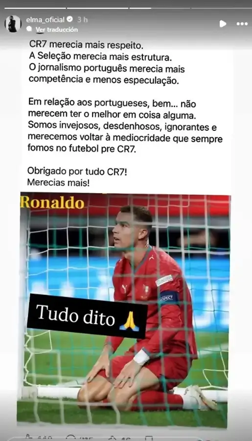 Captura de la historia de Instagram de Elma Aveiro defendiendo a Cristiano Ronaldo tras el partido con Portugal.
