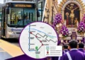 Bus del Metropolitano y mapa de desvíos de rutas junto a la procesión del Señor de los Milagros en Lima.