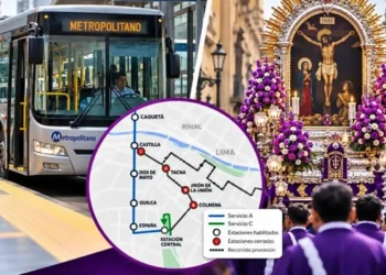 Bus del Metropolitano y mapa de desvíos de rutas junto a la procesión del Señor de los Milagros en Lima.