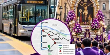 Bus del Metropolitano y mapa de desvíos de rutas junto a la procesión del Señor de los Milagros en Lima.