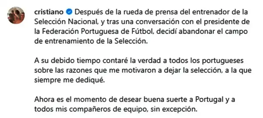 Captura de la publicación de Cristiano Ronaldo anunciando su salida de la selección de Portugal